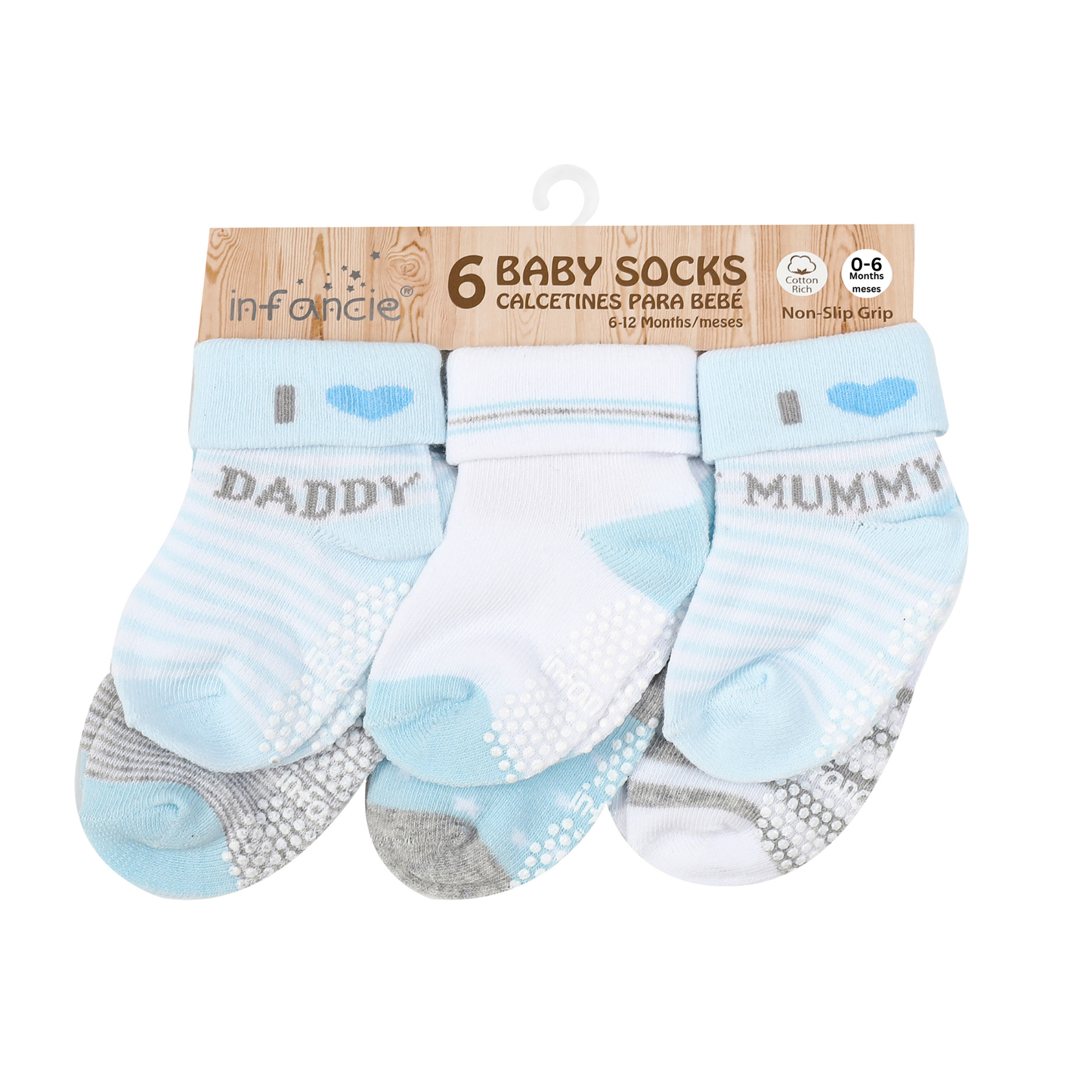 INFANCIE 6-Pk Newborn Baby Socks Set (0-6m, Blue, I Love Mommy)