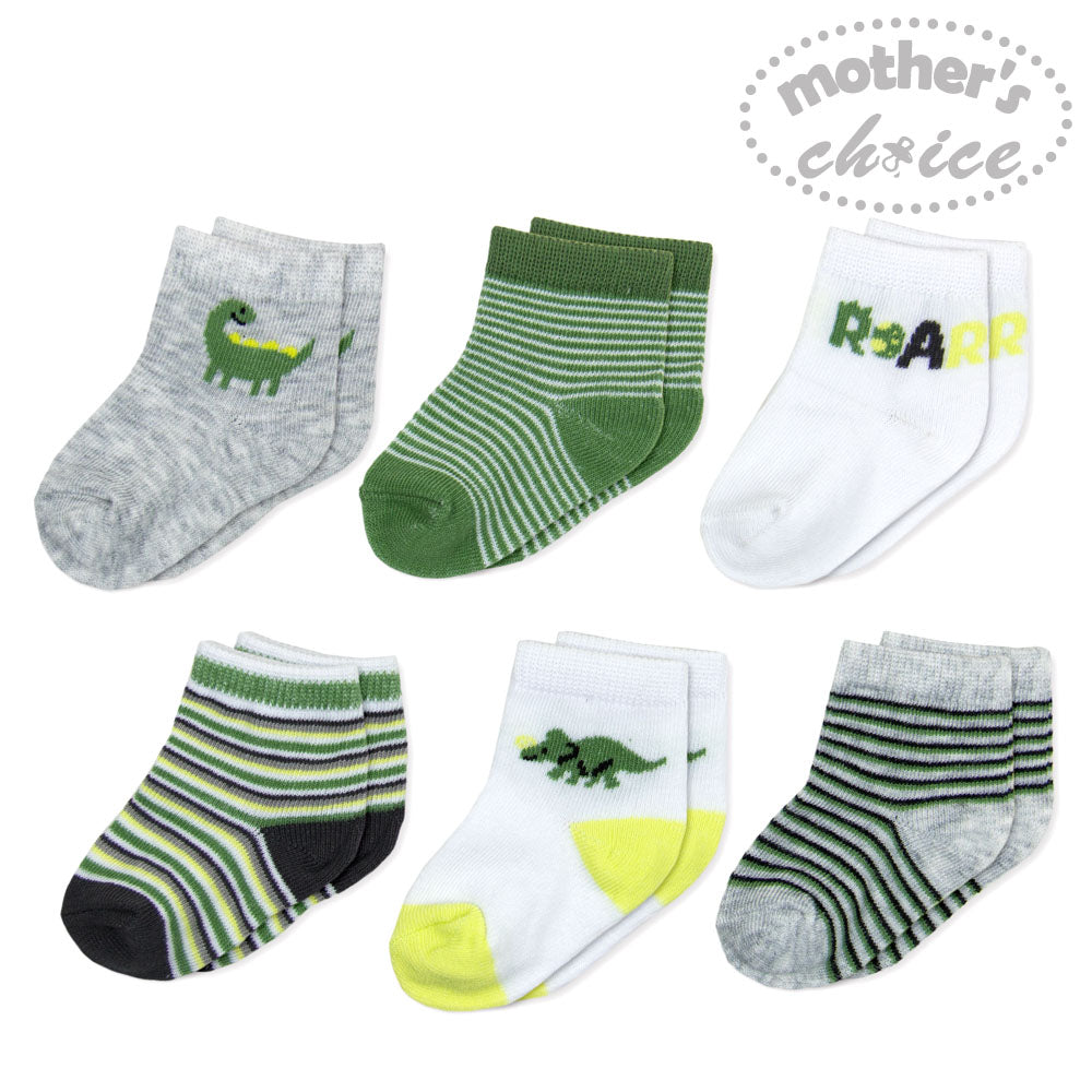 MOTHER'S CHOICE 6-Pk Newborn Baby Socks Set (0-6m, Green, Dino)