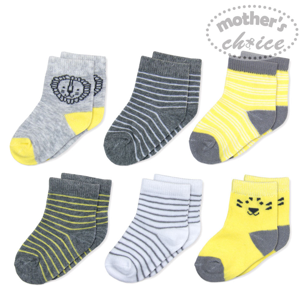 MOTHER'S CHOICE 6-Pk Newborn Baby Socks Set (0-6m, Yellow, Lion)