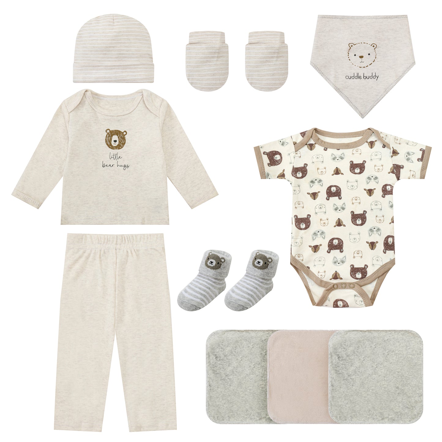 MOTHER'S CHOICE 10-Pc Baby Gift Box - Bodysuit, T-Shirt, Pants, Hat, Mittens, Bib, Socks & 3 Wash Cloths (Beige Bear, Cuddle Buddy)