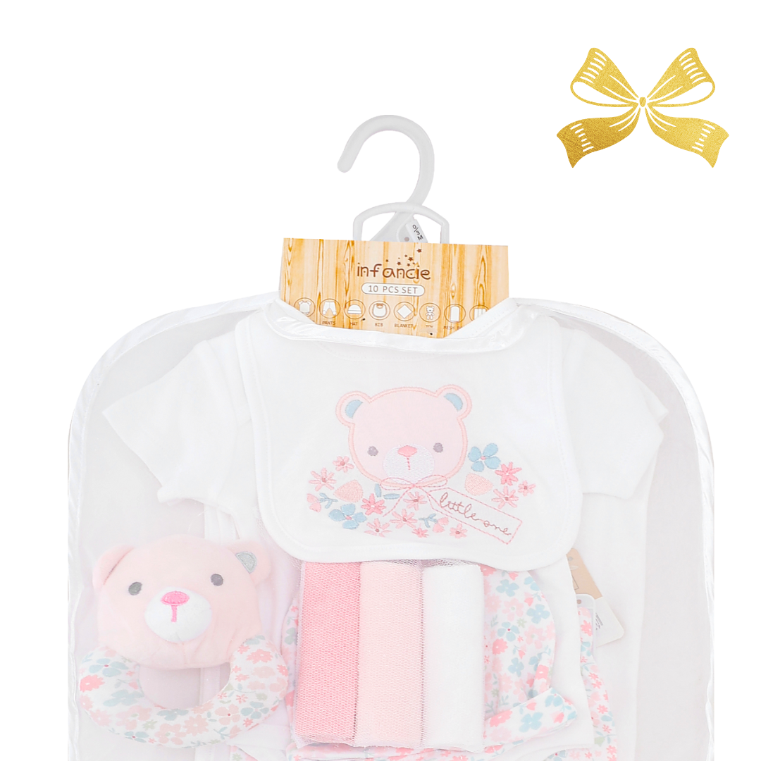 INFANCIE 10-Pc Essential Layette Gift Set (Pink Flora Bear)
