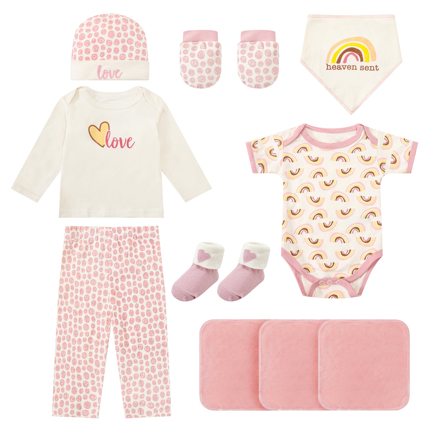 MOTHER'S CHOICE 10-Pc Baby Gift Box - Bodysuit, T-Shirt, Pants, Hat, Mittens, Bib, Socks & 3 Wash Cloths (Pink Rainbow, Heaven Sent)