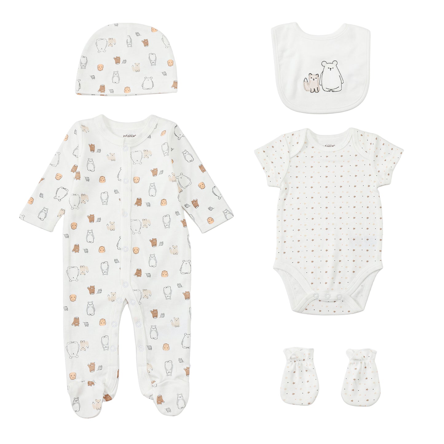 Infancie 5-Pc Baby Grower, Bodysuit, Bib, Hat & Mittens Layette Gift Set (Chubb Bear)