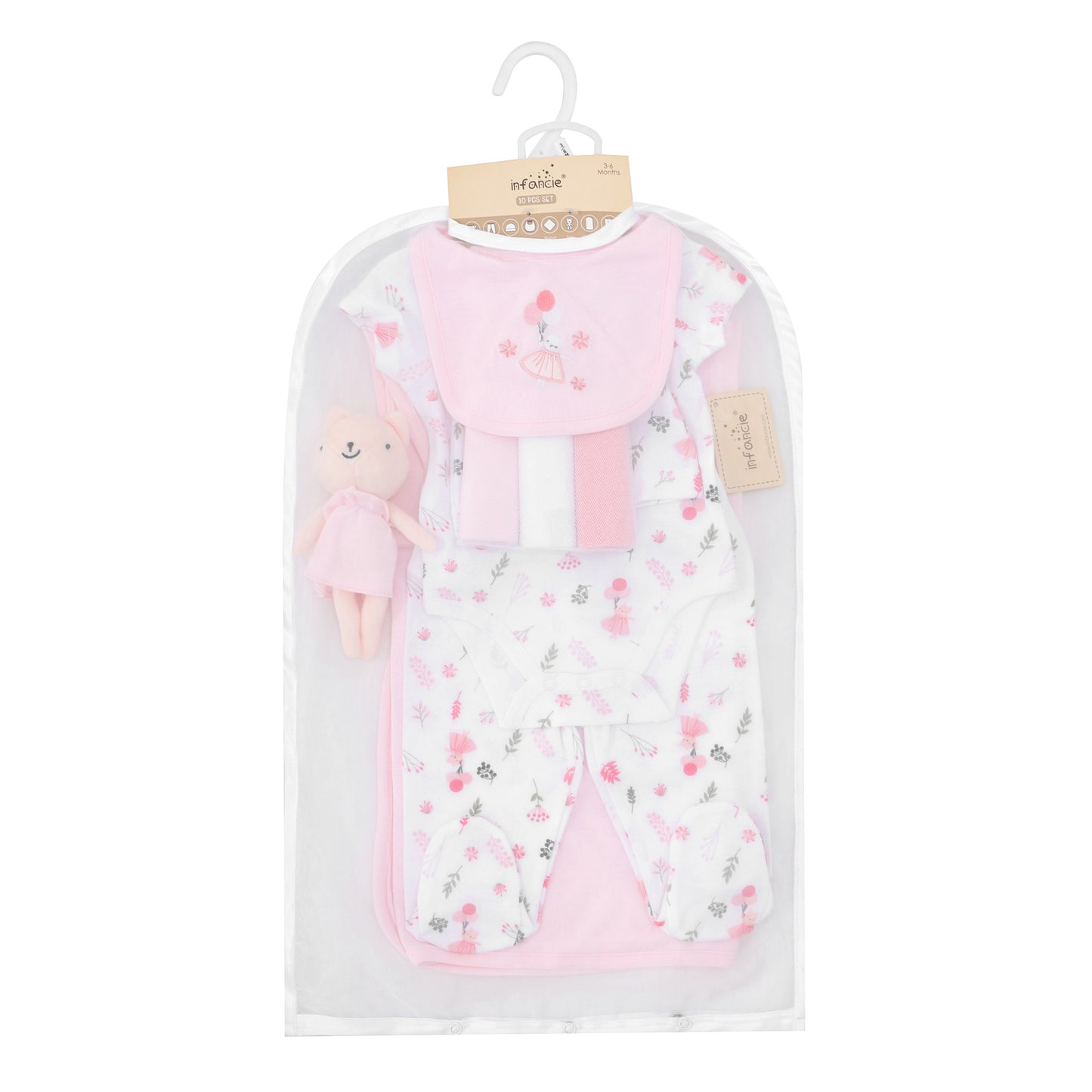 Infancie 10-Pc Baby Layette Set - Bodysuit, Pants, Hat, Bib, Blanket, Toy, 3 Face Cloths & Net bag (Pink Kitty)