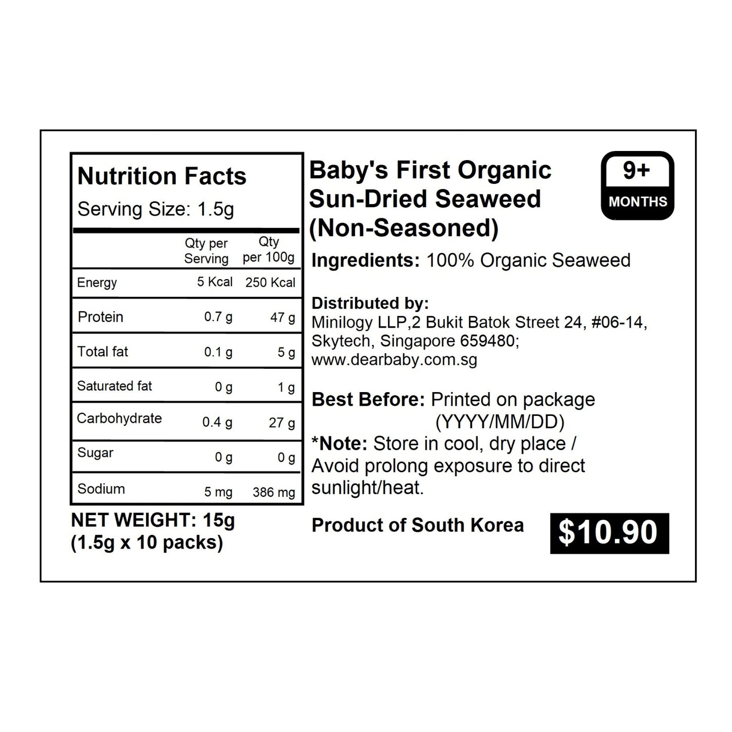 BeBecook - 6-Pk Baby's First Sun-Dried Seaweed (Non-Seasoned) 10 x 1.5g