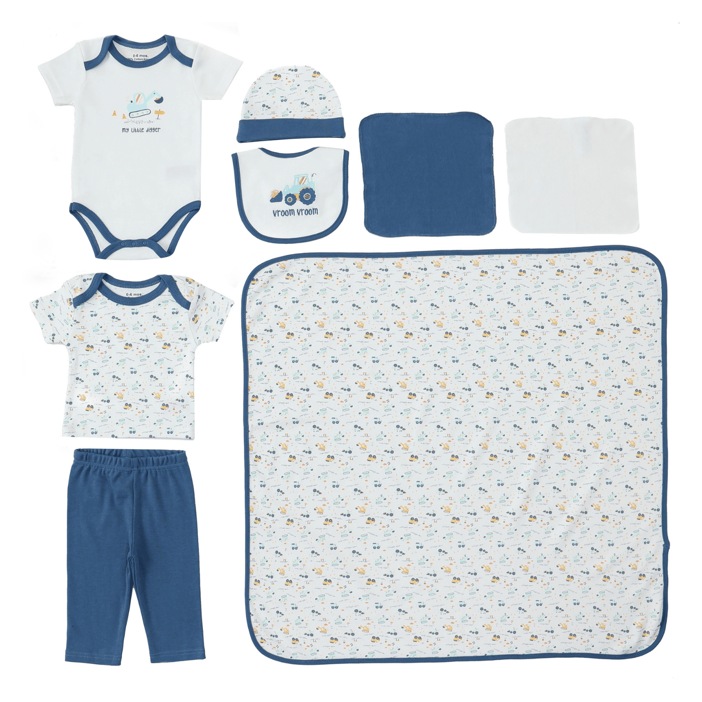 INFANCIE 8-Pc Baby Tee, Bodysuit, Pants, Hat, Bib & & Wash Cloths Gift Box Set (Vroom Vroom)