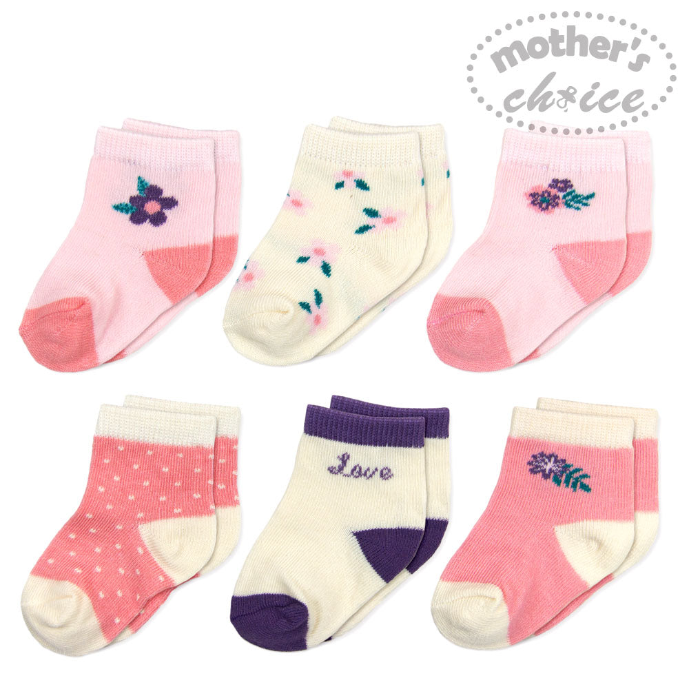 MOTHER'S CHOICE 6-Pk Newborn Baby Socks Set (0-6m, Pink, Flower 1)
