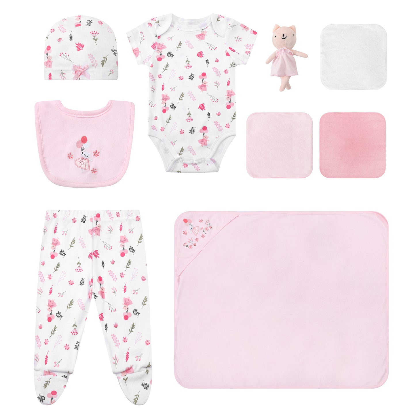 Infancie 10-Pc Baby Layette Set - Bodysuit, Pants, Hat, Bib, Blanket, Toy, 3 Face Cloths & Net bag (Pink Kitty)