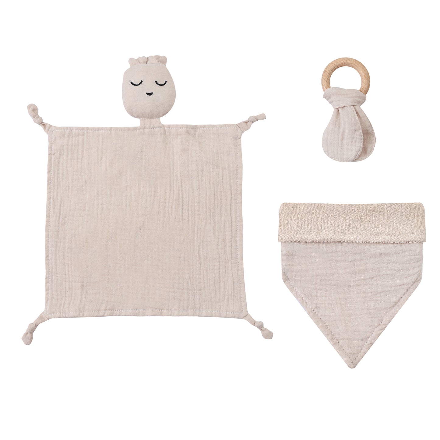 Infancie 3-Pc Organic Muslin Gift Box - Toy, Bib & Teether (Beige)
