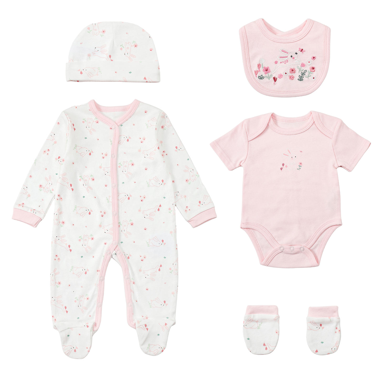 Infancie 5-Pc Baby Layette Set - Grower, Bodysuit,Bib,Hat and Mittens (Pink Bunny)