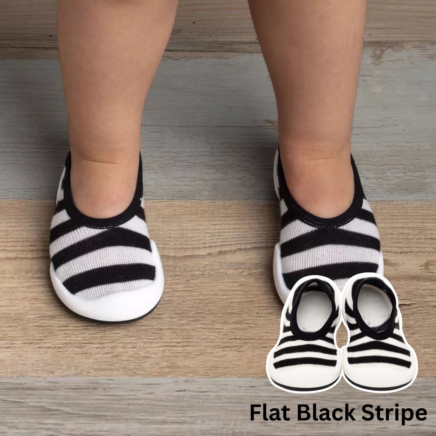 Komuello - Baby Sock Shoes (Flat Black Stripe)