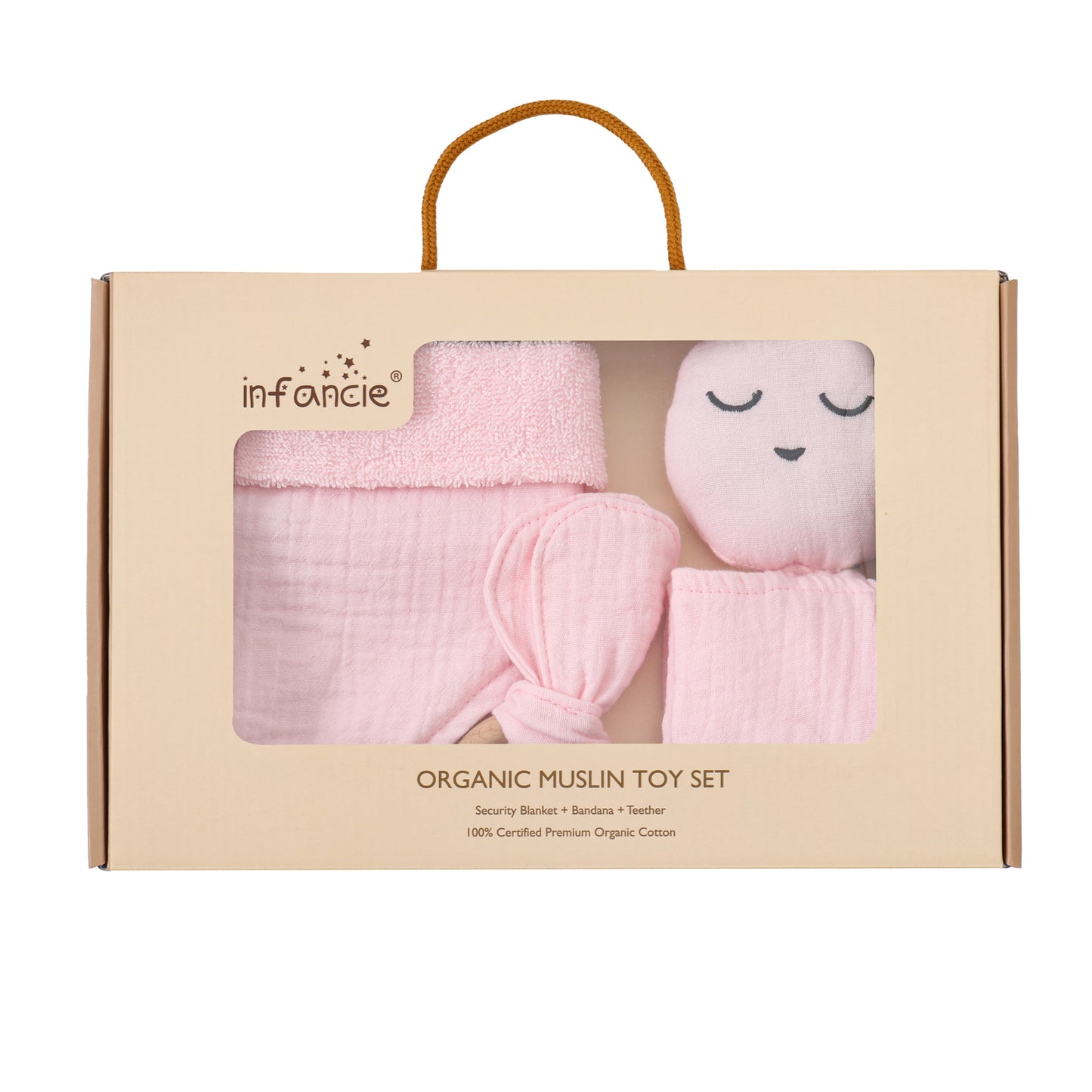 Infancie 3-Pc Organic Muslin Gift Box - Toy, Bib & Teether (Pink)