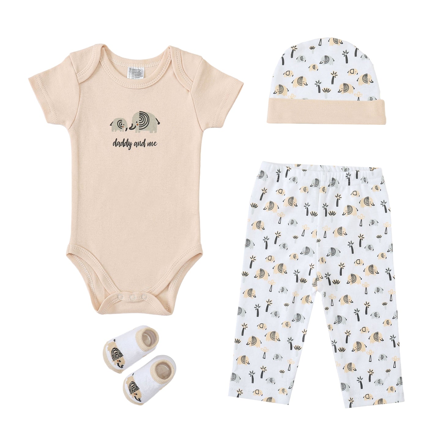 MOTHER'S CHOICE 4-Pc Baby Bodysuit, Pants, Hat & Socks Gift Box Set (Beige Elly)