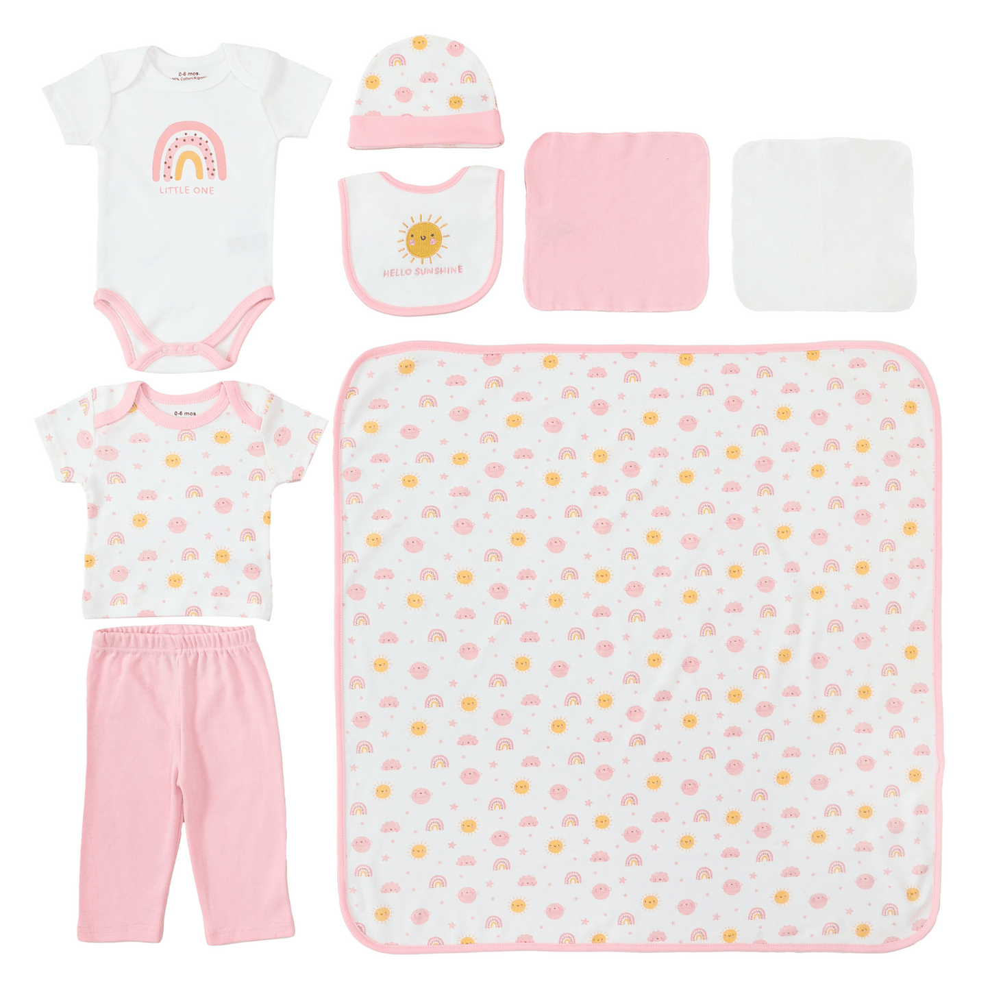 INFANCIE 8-Pc Baby Tee, Bodysuit, Pants, Hat, Bib & & Wash Cloths Gift Box Set (Hello Sunshine)