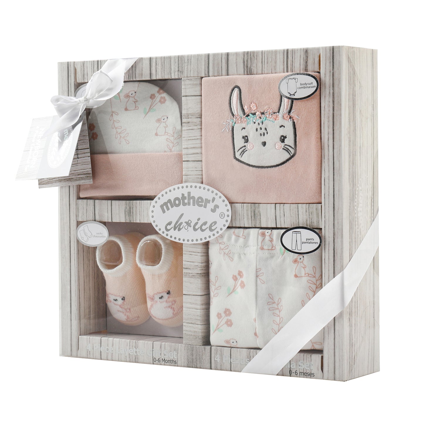 MOTHER'S CHOICE 4-pc Baby Gift Box - Bodysuit, Pants, Hat, Socks (Pink Rabbit)