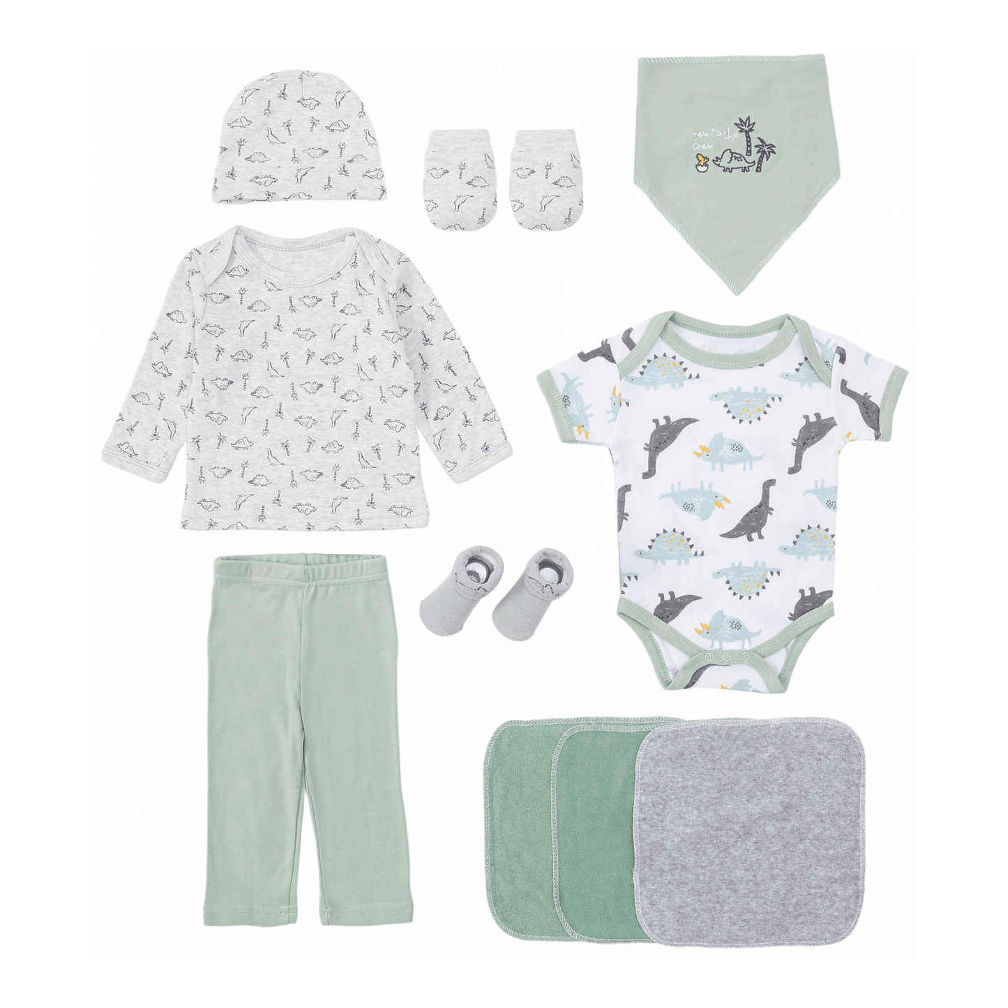 MOTHER'S CHOICE 10-Pc Baby Bodysuit, T-shirt, Pants, Hat, Mittens, Bib, Socks & Wash Cloths Gift Box Set (Green Dino)