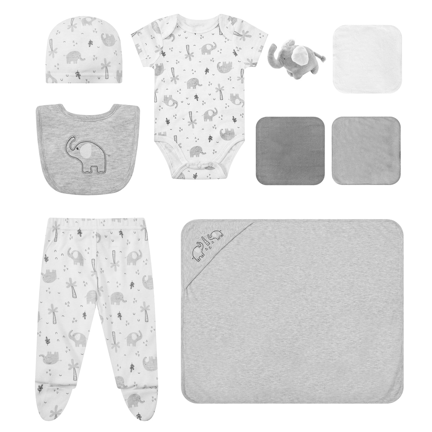 Infancie 10-Pc Baby Layette Set - Bodysuit, Pants, Hat, Bib, Blanket, Toy, 3 Face Cloths & Net bag (Grey Elly)
