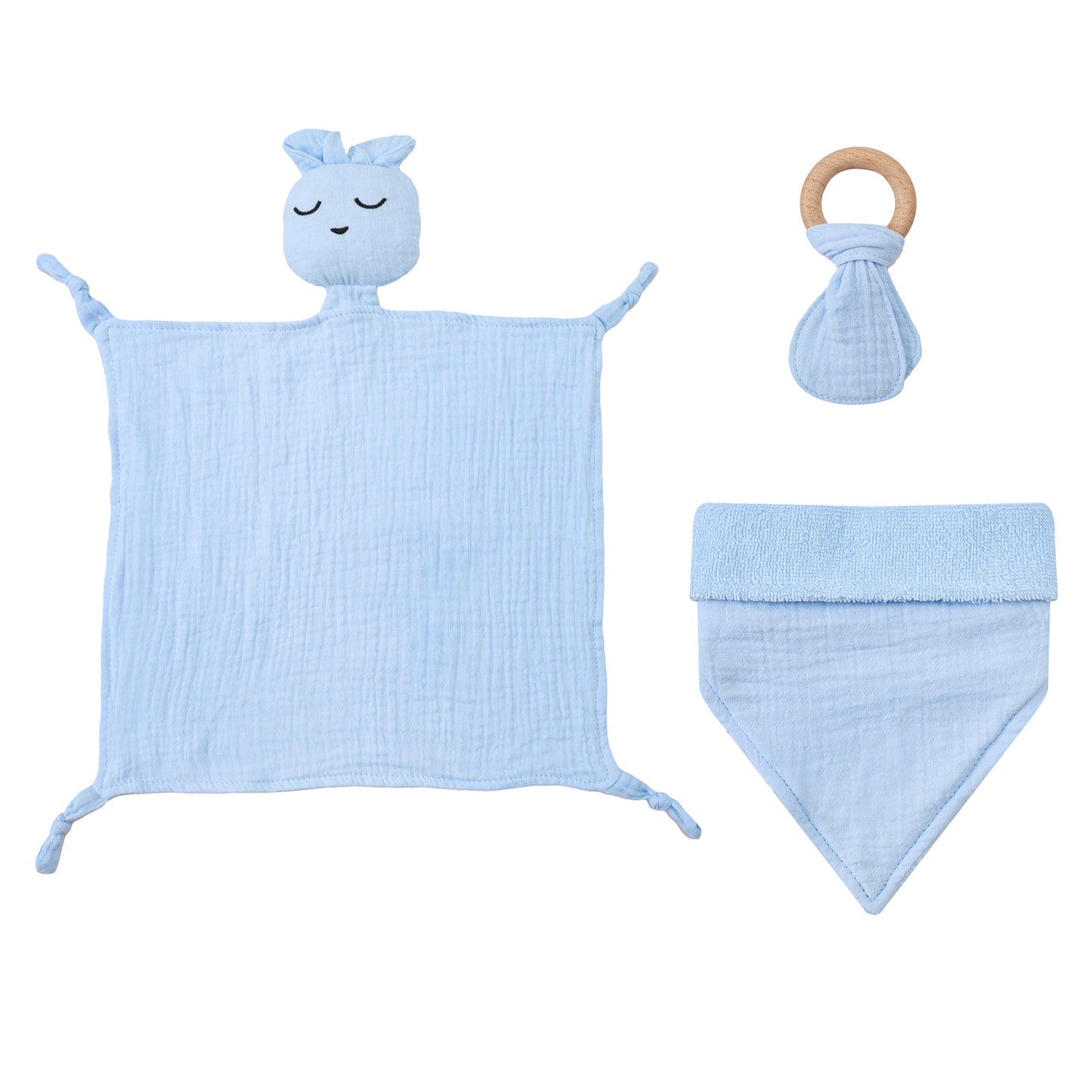 Infancie 3-Pc Organic Muslin Gift Box - Toy, Bib & Teether (Blue)