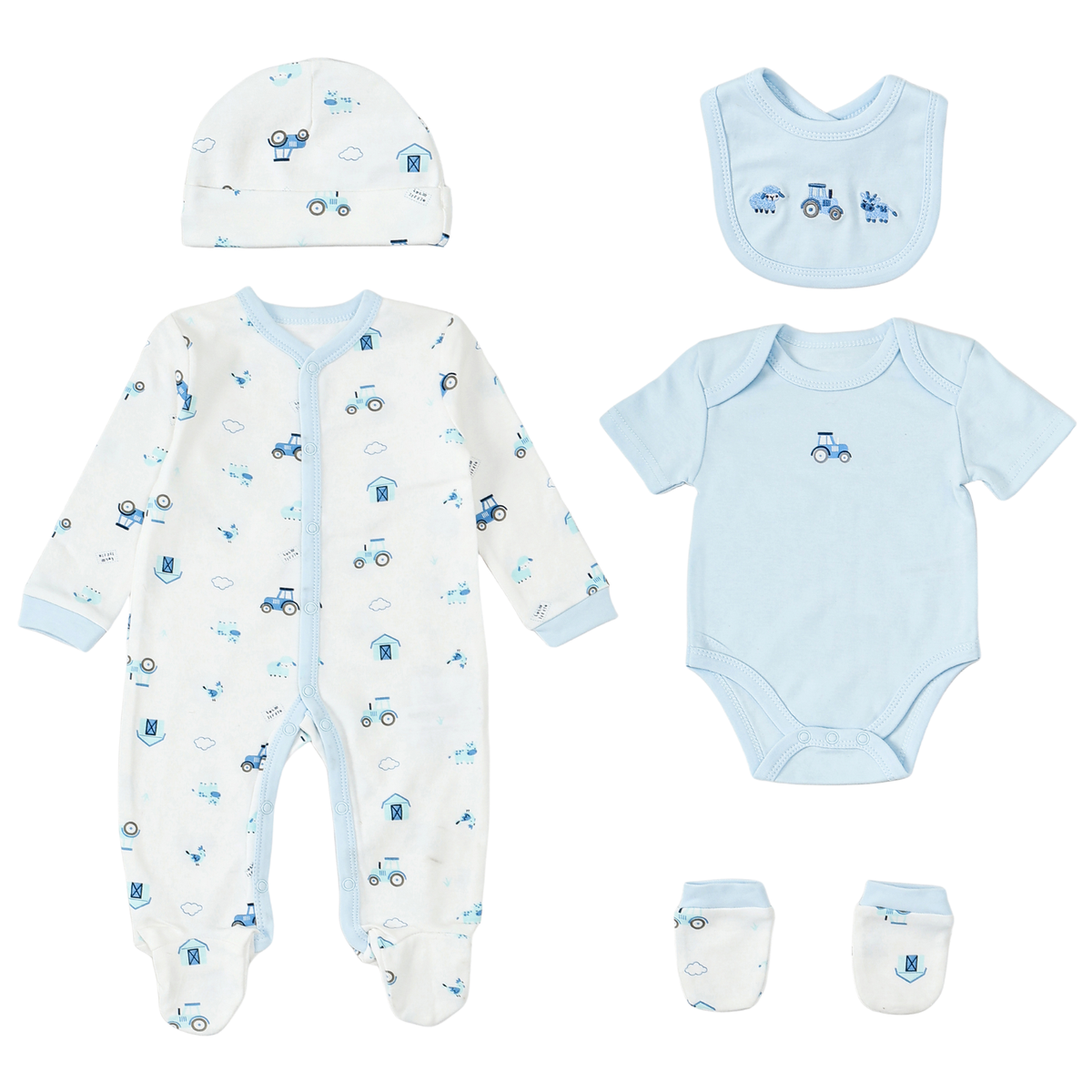 Infancie 5-Pc Baby Layette Set - Grower, Bodysuit,Bib,Hat and Mittens (Blue Farm & Tractor)