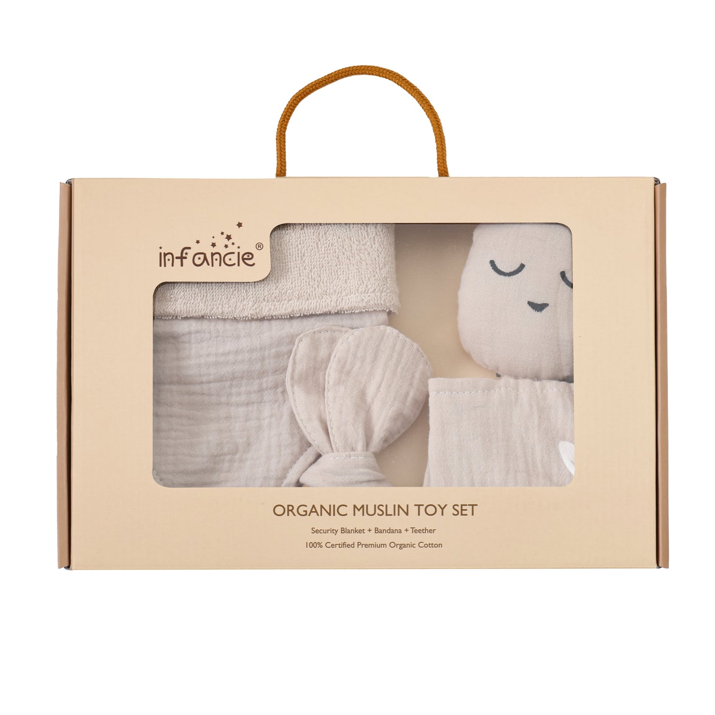 Infancie 3-Pc Organic Muslin Gift Box - Toy, Bib & Teether (Beige)