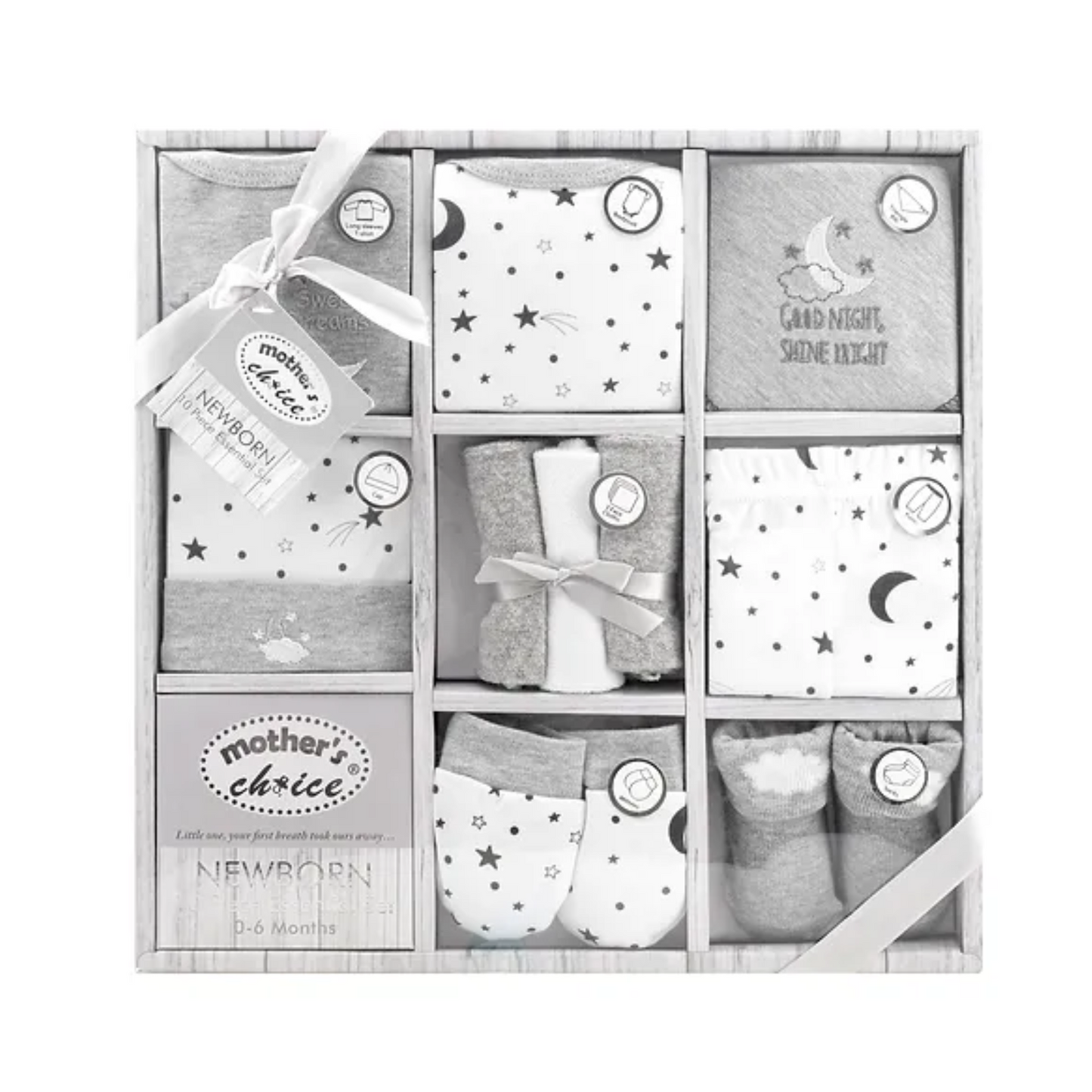 MOTHER'S CHOICE 10-Pc Baby Bodysuit, T-shirt, Pants, Hat, Mittens, Bib, Socks & Wash Cloths Gift Box Set (Grey)