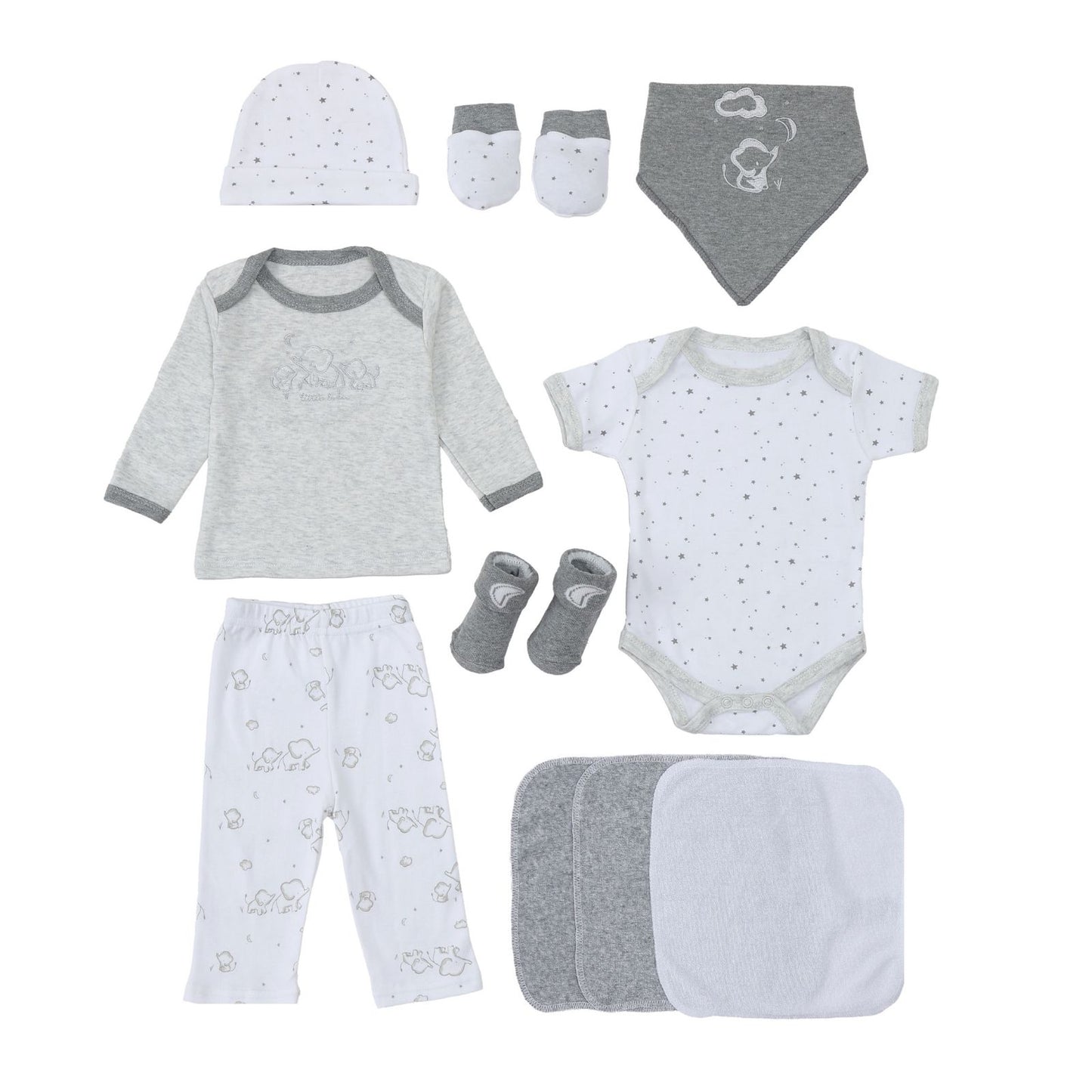 MOTHER'S CHOICE 10-Pc Baby Gift Box - Bodysuit, T-Shirt, Pants, Hat, Mittens, Bib, Socks & 3 Wash Cloths (Grey Elly)
