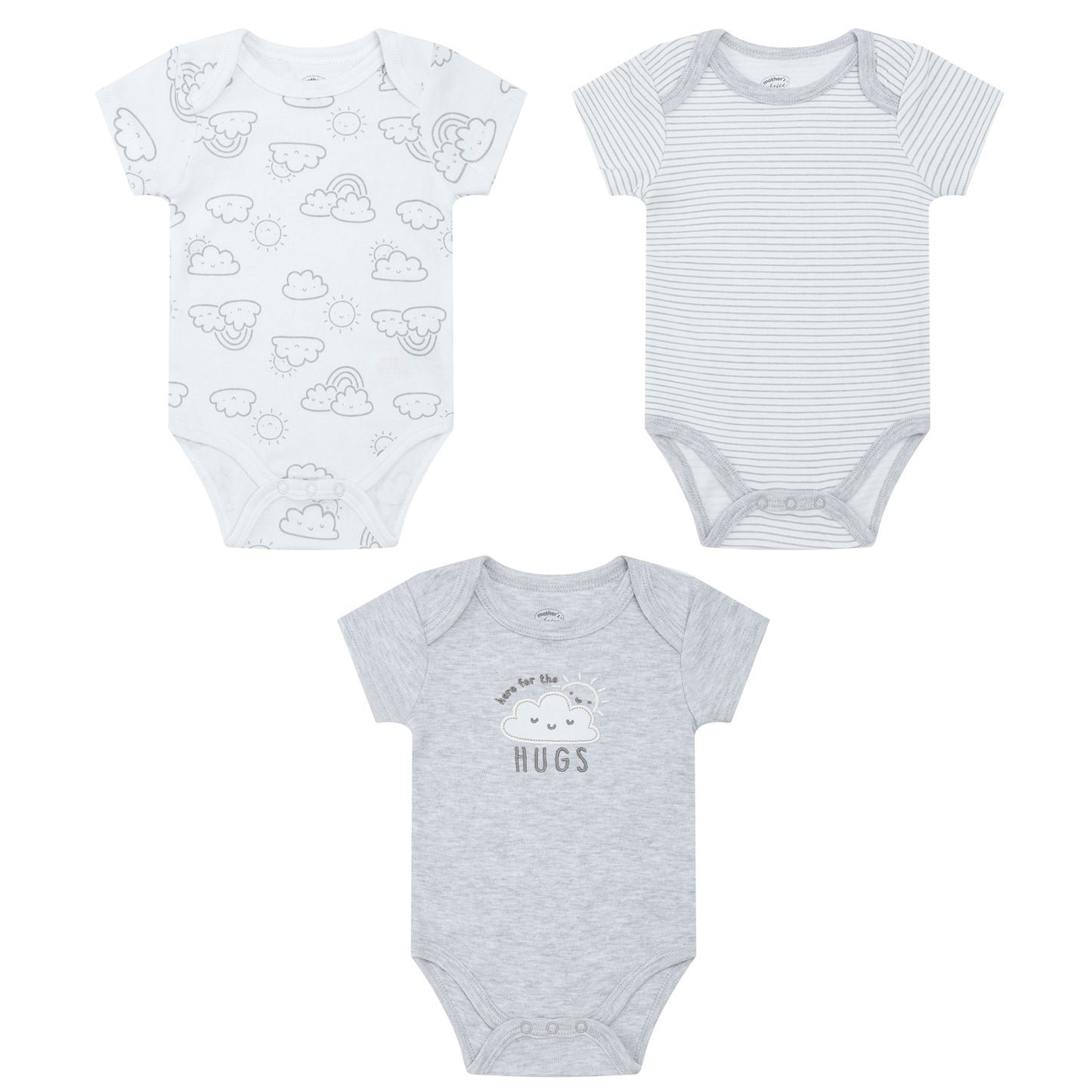 MOTHER'S CHOICE 3-Pc 100% Cotton Short-Sleeved Baby Bodysuit (Grey, Clouds & Hugs)