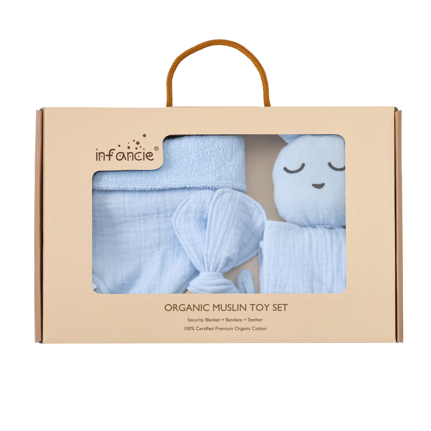 Infancie 3-Pc Organic Muslin Gift Box - Toy, Bib & Teether (Blue)
