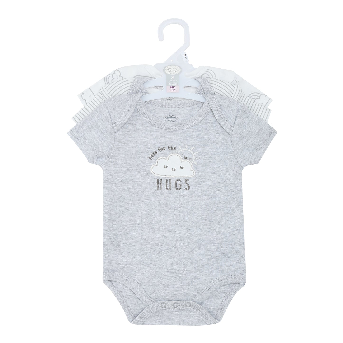 MOTHER'S CHOICE 3-Pc 100% Cotton Short-Sleeved Baby Bodysuit (Grey, Clouds & Hugs)
