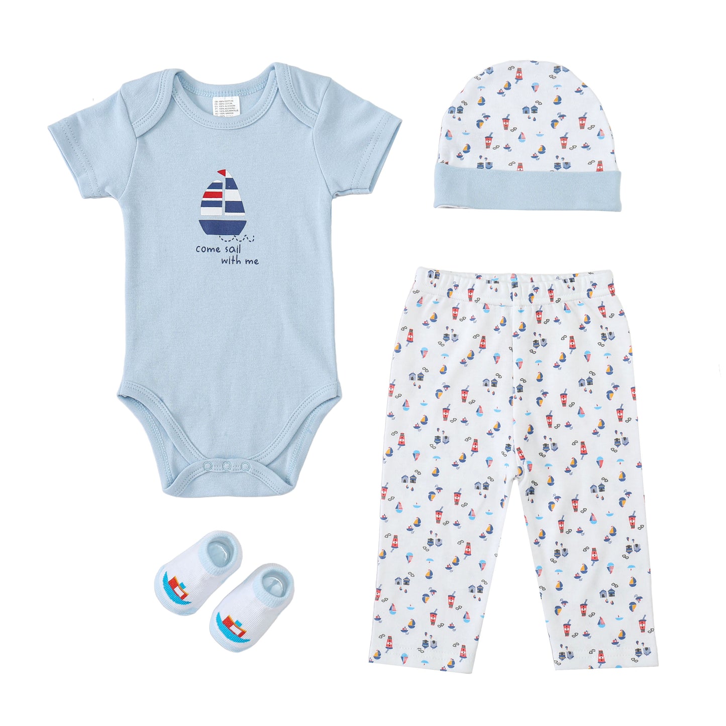 MOTHER'S CHOICE 4-Pc Baby Bodysuit, Pants, Hat & Socks Gift Box Set (Blue Yacht)