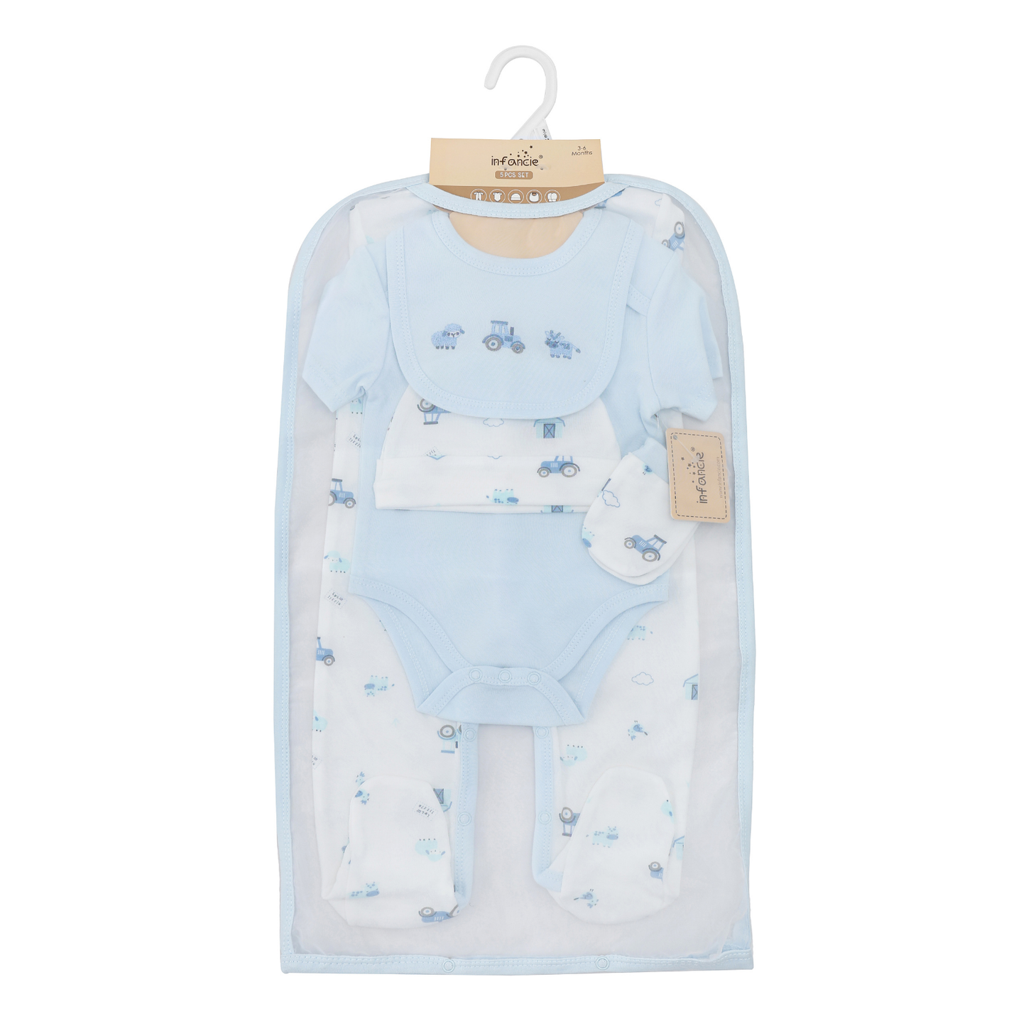 Infancie 5-Pc Baby Layette Set - Grower, Bodysuit,Bib,Hat and Mittens (Blue Farm & Tractor)