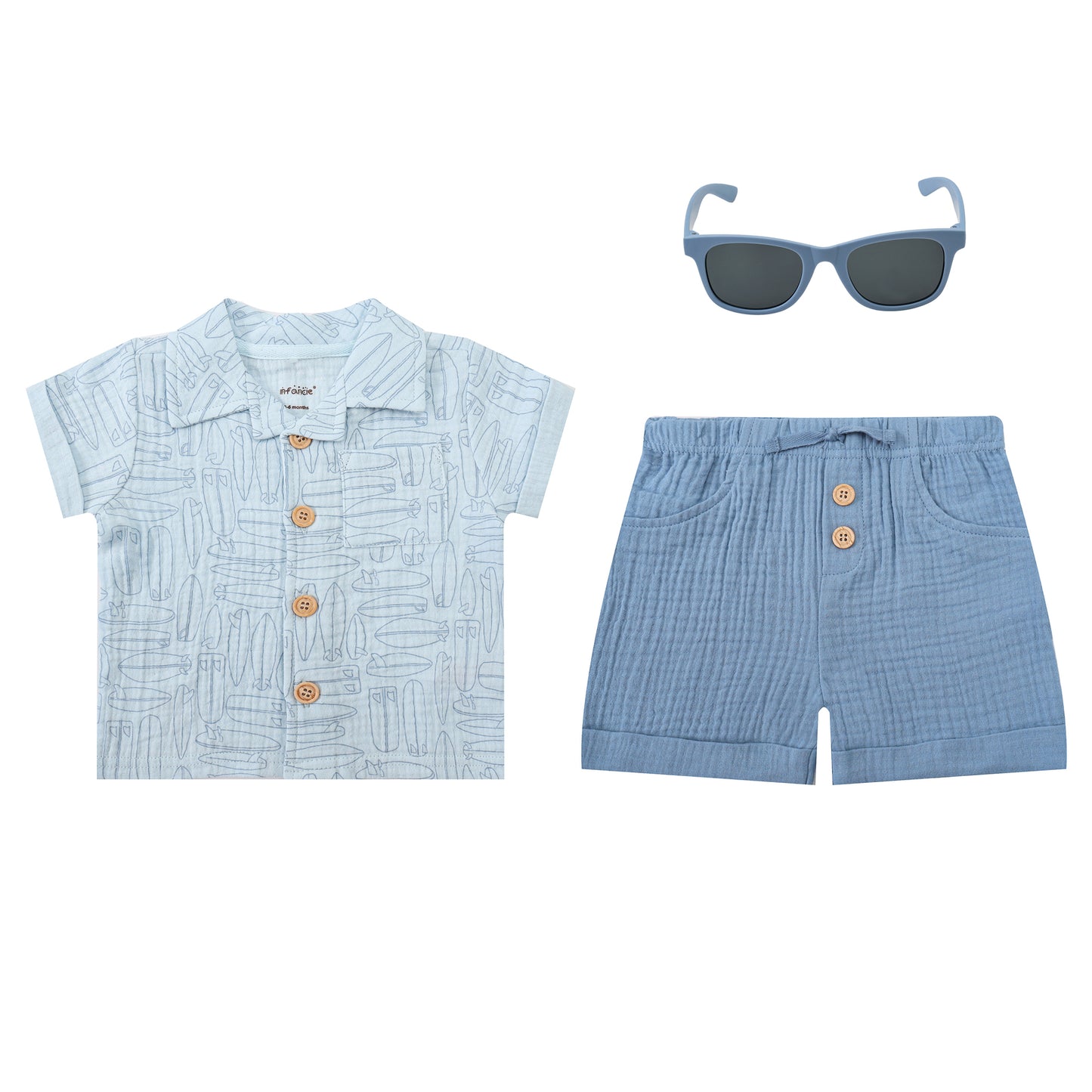 Infancie 3-Pc Baby Muslin Top, Shorts & Sunglasses (Blue Whale)