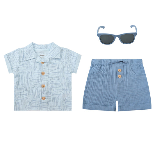 Infancie 3-Pc Baby Muslin Top, Shorts & Sunglasses (Blue Whale)