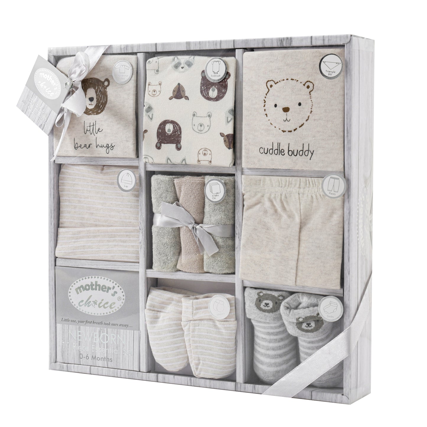 MOTHER'S CHOICE 10-Pc Baby Gift Box - Bodysuit, T-Shirt, Pants, Hat, Mittens, Bib, Socks & 3 Wash Cloths (Beige Bear, Cuddle Buddy)