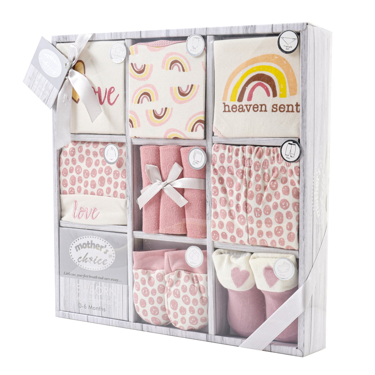 MOTHER'S CHOICE 10-Pc Baby Gift Box - Bodysuit, T-Shirt, Pants, Hat, Mittens, Bib, Socks & 3 Wash Cloths (Pink Rainbow, Heaven Sent)