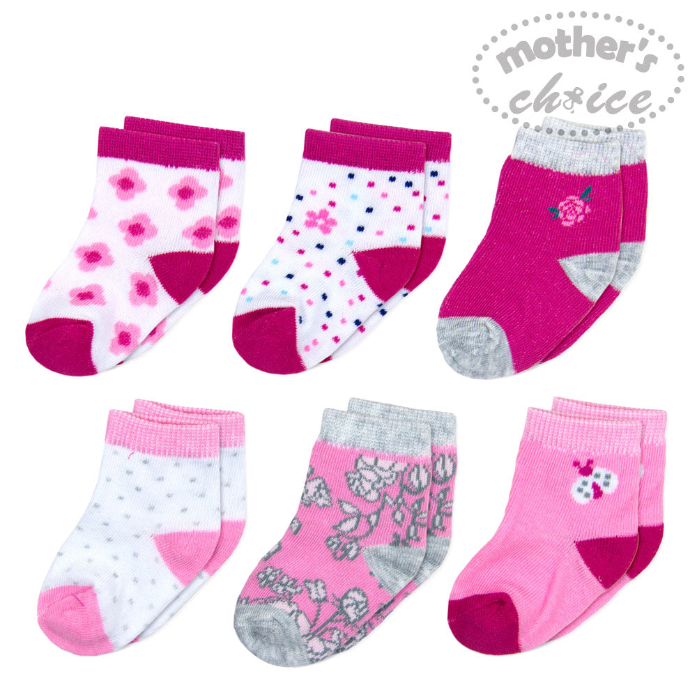 MOTHER'S CHOICE 6-Pk Newborn Baby Socks Set (0-6m, Pink, Flower 2)