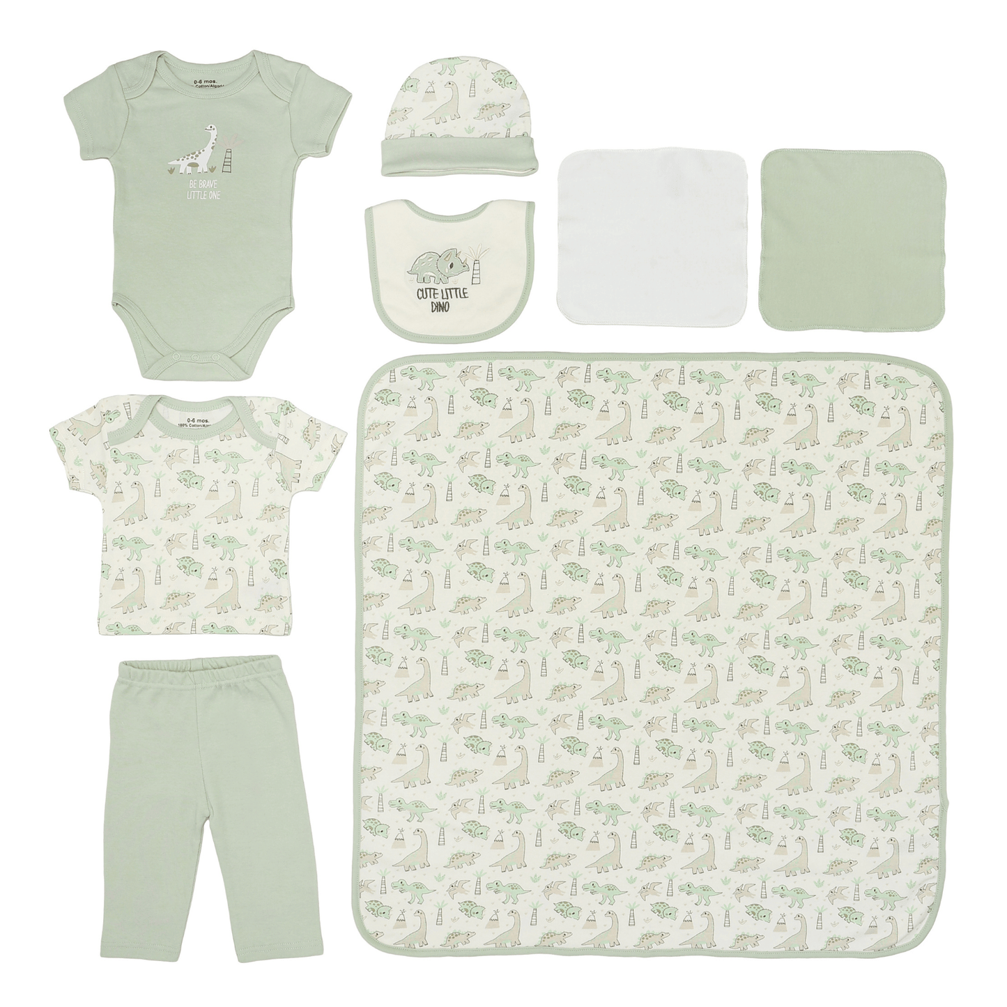 INFANCIE 8-Pc Baby Tee, Bodysuit, Pants, Hat, Bib & & Wash Cloths Gift Box Set (Cute Lil Dino)
