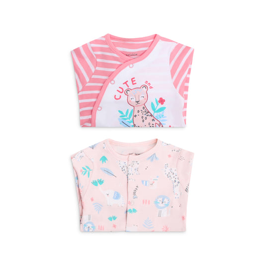 INFANCIE 2-Pc Baby Footed 100% Cotton Footed Babygrower/ Romper (Pink Safari)