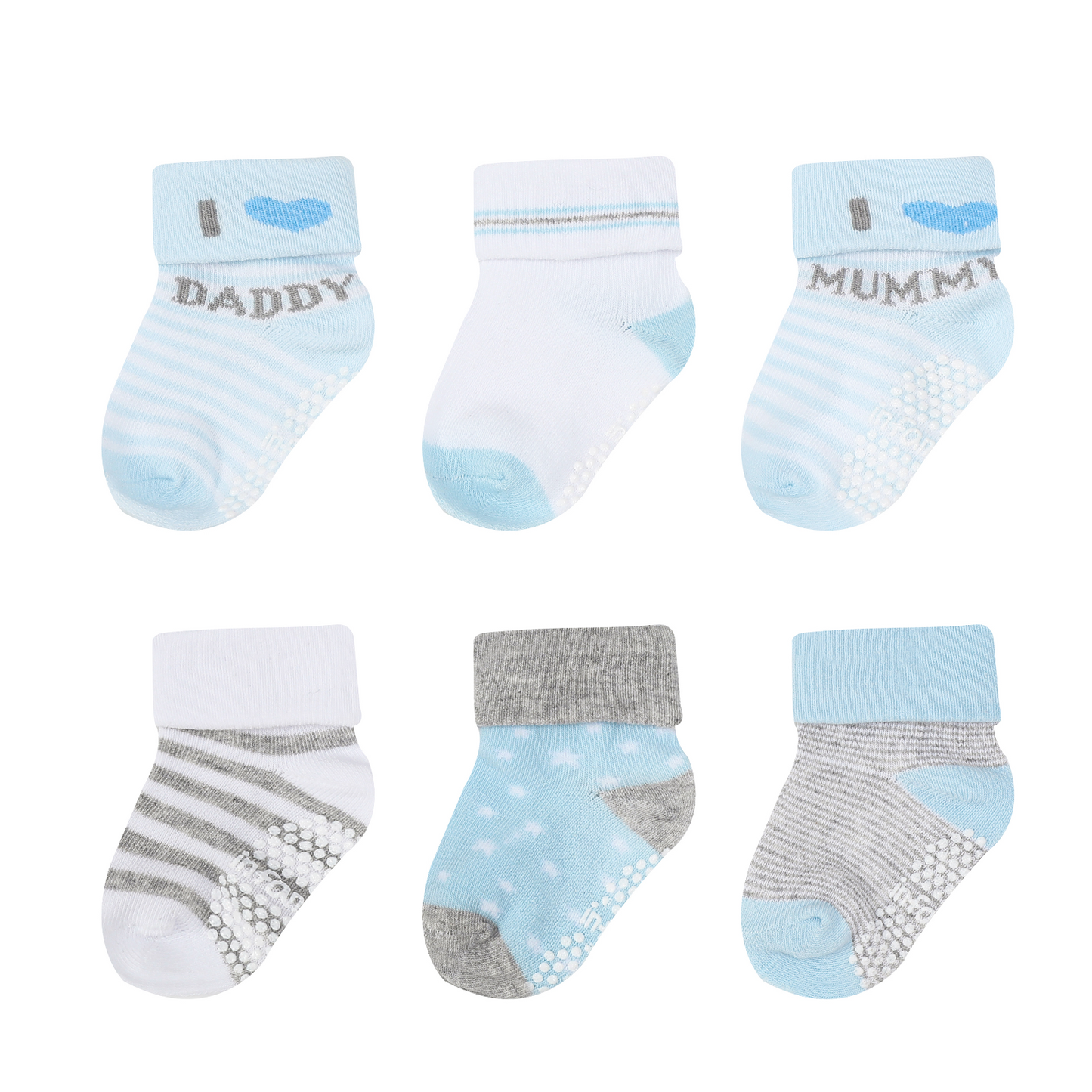 INFANCIE 6-Pk Newborn Baby Socks Set (06-12m, Blue, I Love Mommy)