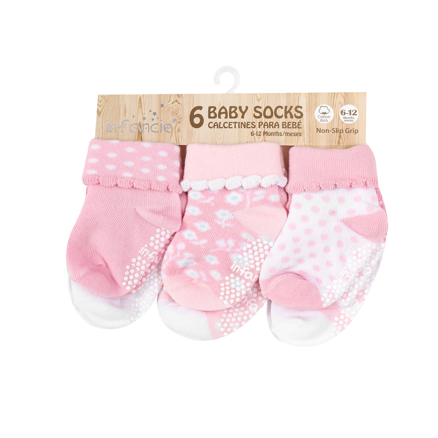 INFANCIE 6-Pk Newborn Baby Socks Set (6-12m, Pink, Flora & Dots)