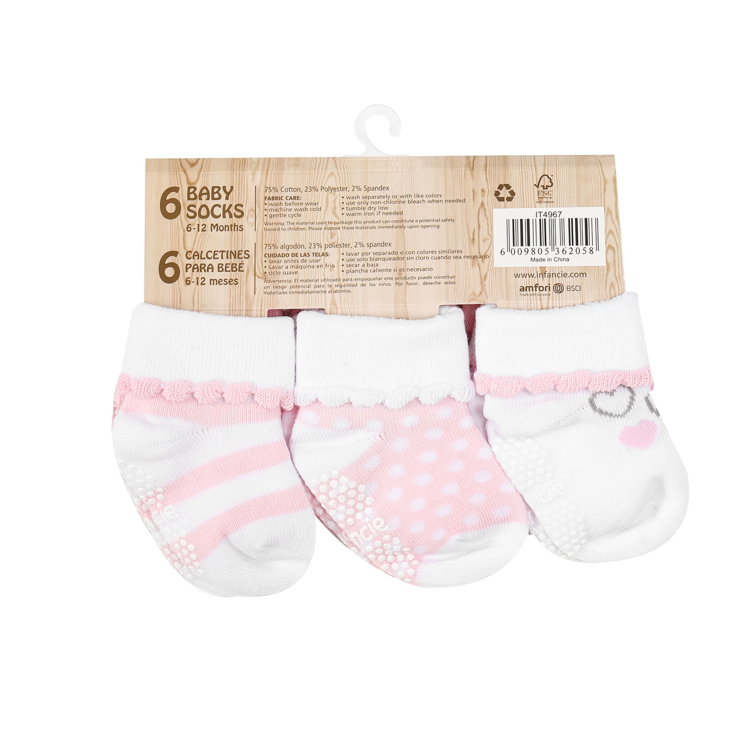 INFANCIE 6-Pk Newborn Baby Socks Set (6-12m, Pink, Flora & Dots)