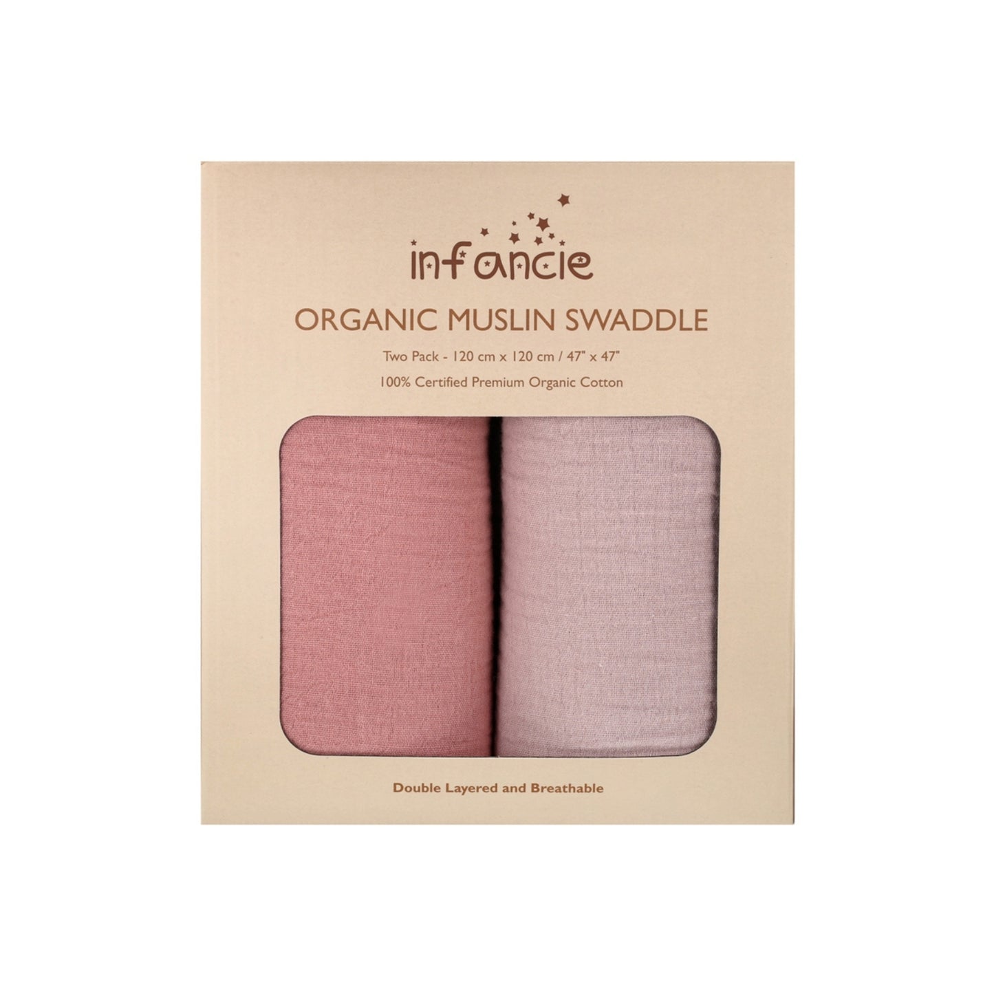 INFANCIE 2-Pc OrganicCotton Baby Muslin Blanket Gift Set (Coral & Dusty Pink)