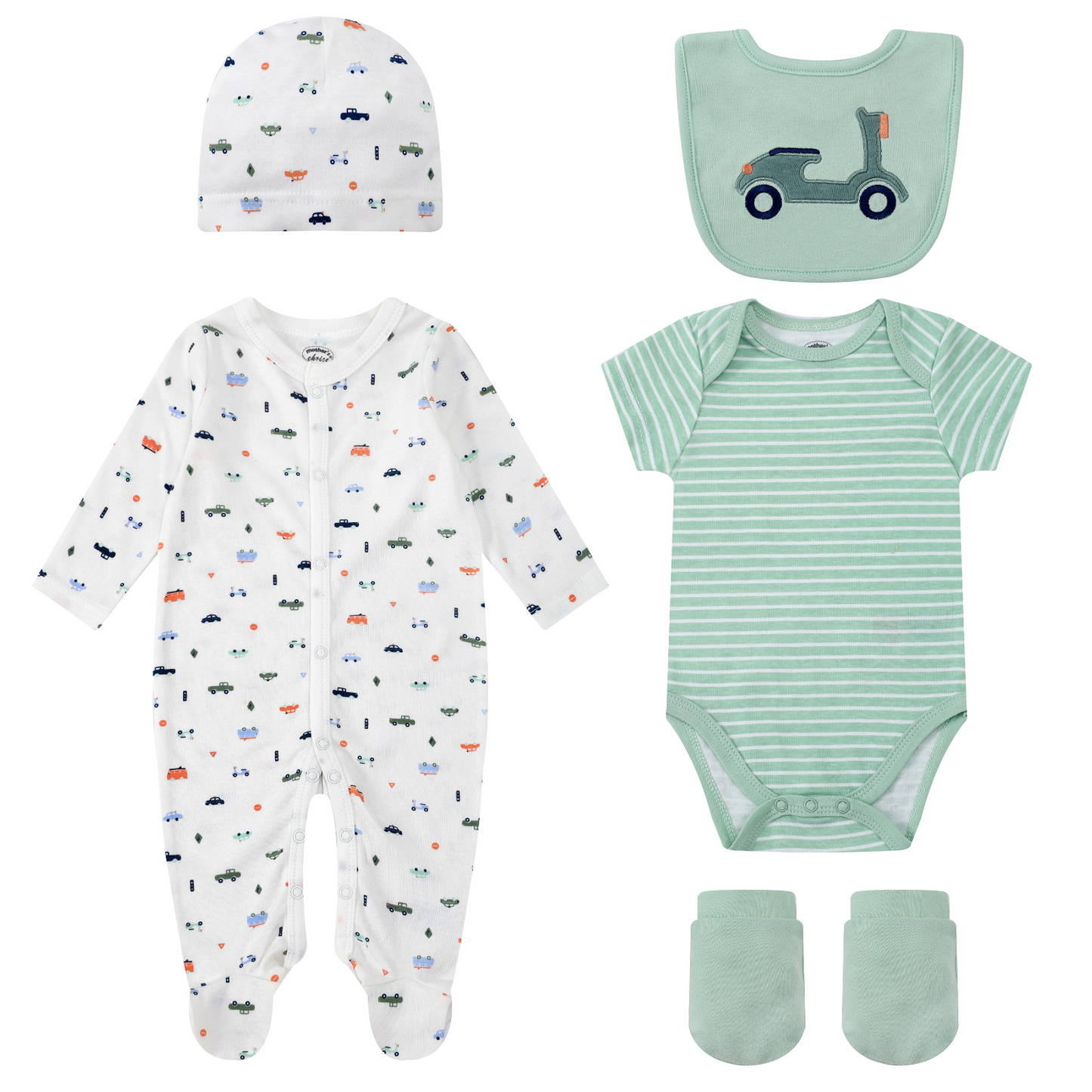 MOTHER'S CHOICE 5-Pc Baby Grower, Bodysuit, Bib, Hat & Mittens Layette Gift Set (Green Tractor)