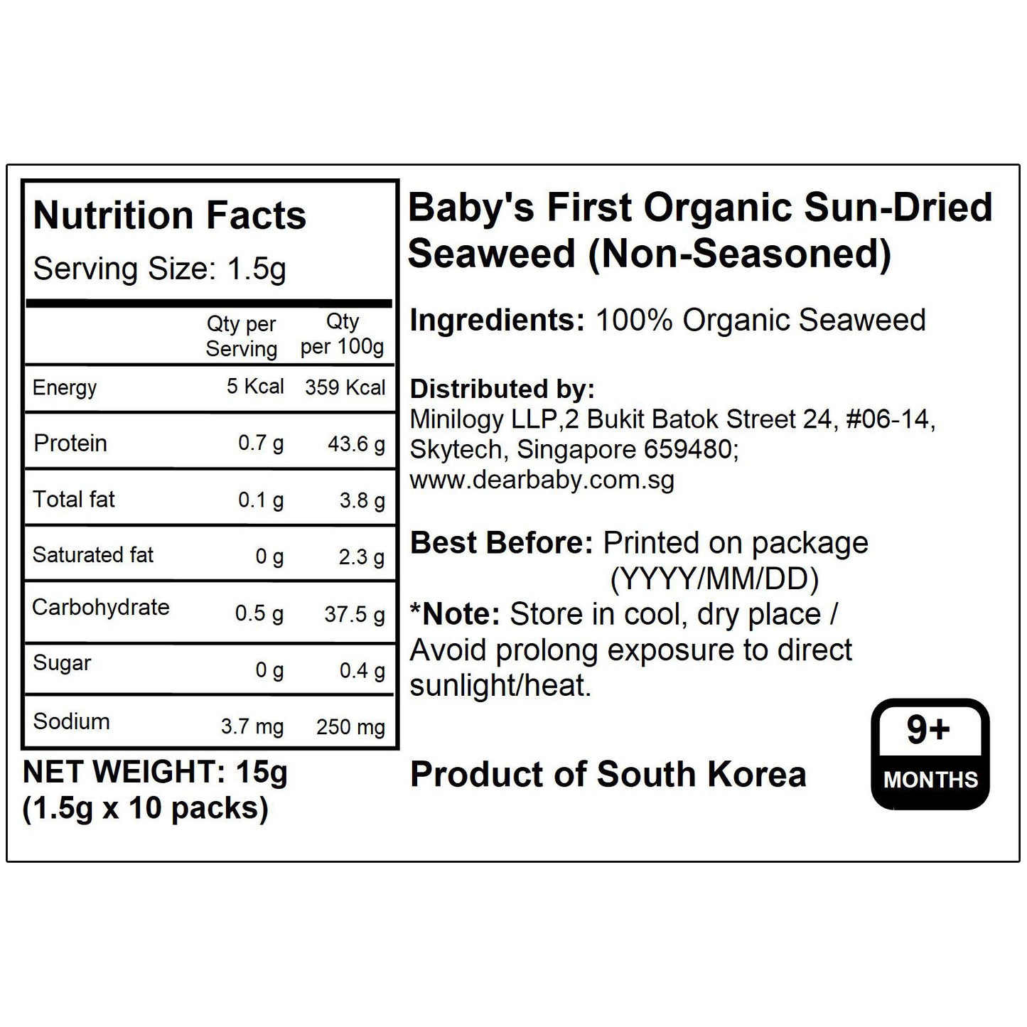 BeBecook - 12-Pk Baby's First Organic Sun-Dried Seaweed (Non-Seasoned) 10 x 1.5g