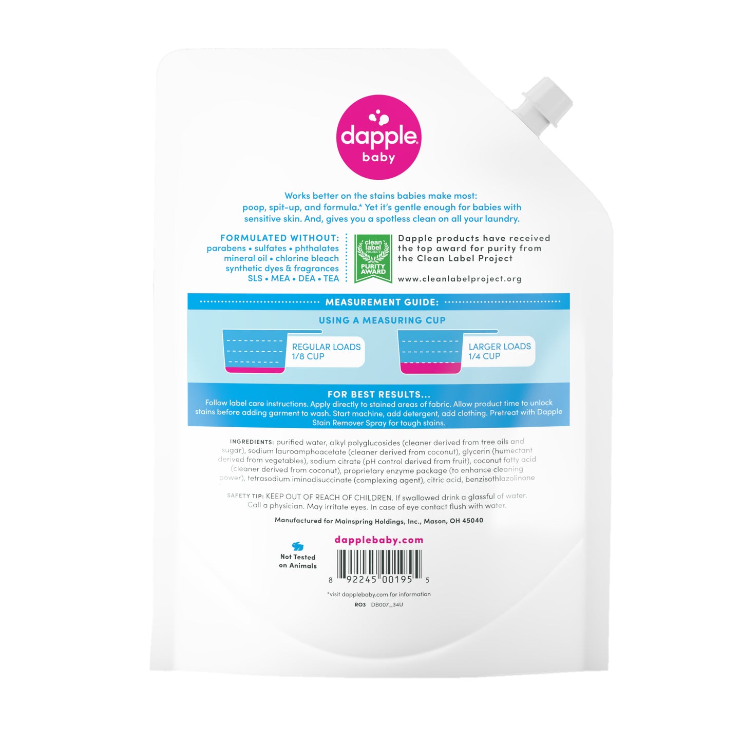 Dapple -  34Oz Hypoallergenic Baby Laundry Detergent Refill (Fragrance Free)