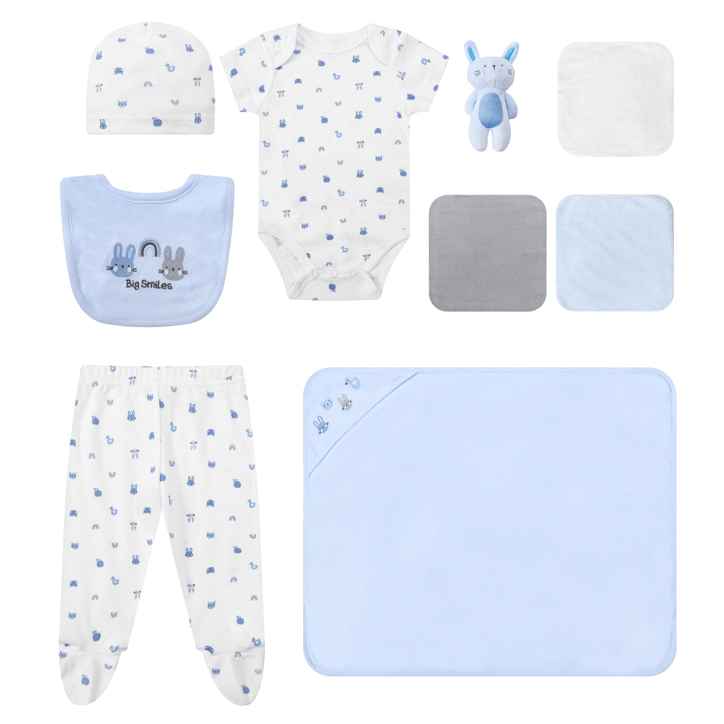 Infancie 10-Pc Baby Layette Set - Bodysuit, Pants, Hat, Bib, Blanket, Toy, 3 Face Cloths & Net bag (Blue Bunny)
