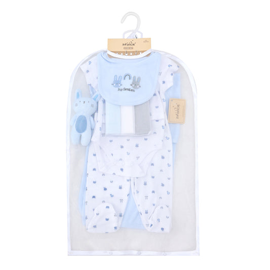 Infancie 10-Pc Baby Layette Set - Bodysuit, Pants, Hat, Bib, Blanket, Toy, 3 Face Cloths & Net bag (Blue Bunny)