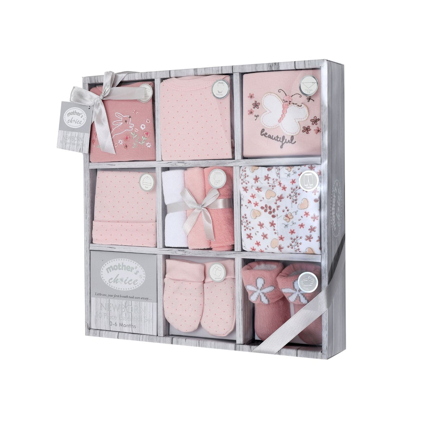 MOTHER'S CHOICE 10-Pc Baby Gift Box - Bodysuit, T-Shirt, Pants, Hat, Mittens, Bib, Socks & 3 Wash Cloths (Garden)