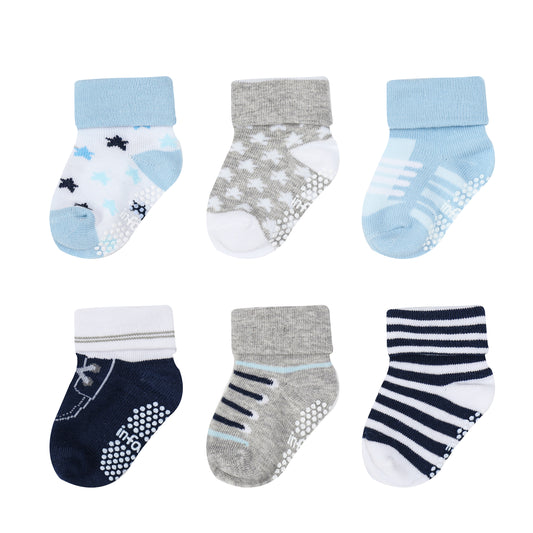 INFANCIE 6-Pk Anti-slip Baby Socks Box (0-6m, Blue, Little All-Star)
