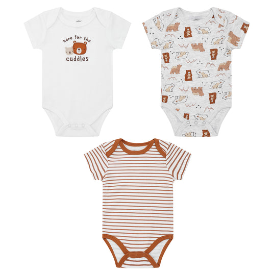 MOTHER'S CHOICE 3-Pc 100% Cotton Short-Sleeved Baby Bodysuit (White-Caramel, Bear,Here for the cuddles)